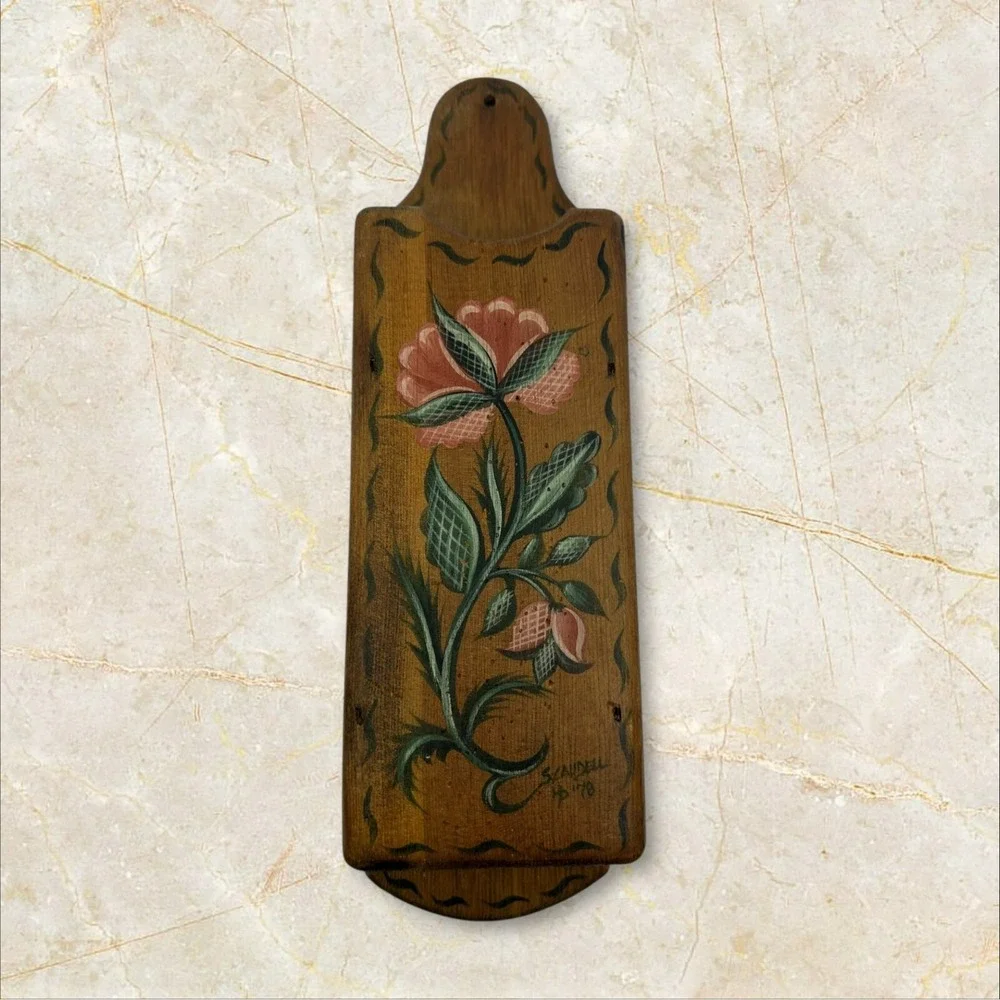 Habersham‎ Plantation Wood Wall Pocket 1978 Brown Good Folk Art Floral Box